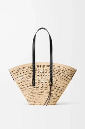 Großer geflochtener Korb aus Iraca-Palmenblättern und Kalbsleder
