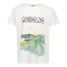 Herren Loewe Baumwoll-T-Shirt mit Wasserfarben-Print, kurzärmelig, weiß H6109831Pc-2100