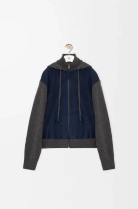 Hybrid-Hoodie mit Reißverschluss aus Ziegenwildleder und Wollmischung