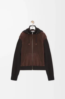 Hybrid-Hoodie mit Reißverschluss aus Ziegenwildleder und Wollmischung