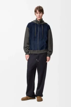 Hybrid-Hoodie mit Reißverschluss aus Ziegenwildleder und Wollmischung