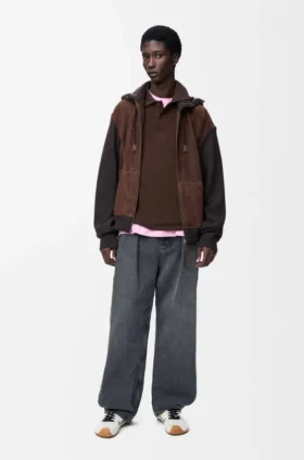 Hybrid-Hoodie mit Reißverschluss aus Ziegenwildleder und Wollmischung