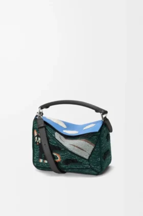 Kleine „Futurist Cat“-Puzzle-Tasche aus besticktem Strick und klassischem Kalbsleder