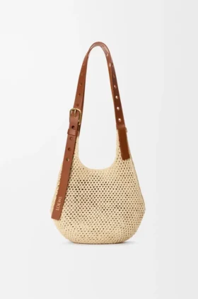 Kleine Hobo-Tasche mit Lochmuster aus Raffia und Kalbsleder