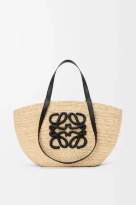 Mittlerer „Eclipse“-Korb aus Raffia und Kalbsleder
